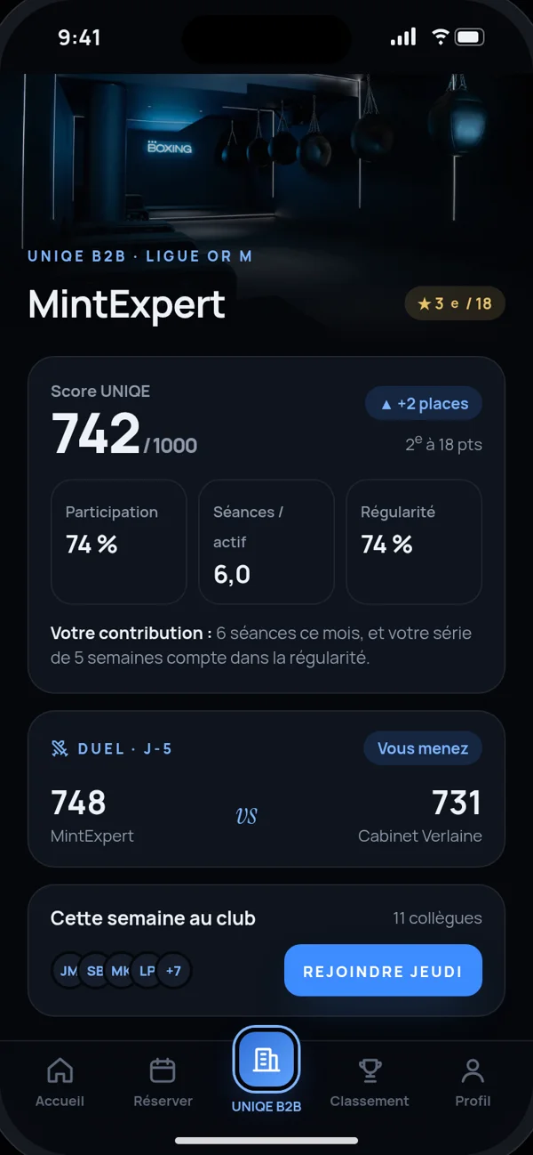 Maquette mobile UNIQE B2B montrant l’équipe MintExpert et sa dynamique de gamification, sans donnée de santé